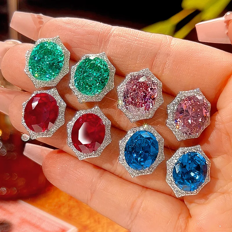 

Hot-selling jewelry: gold-plated copper base with red corundum gemstone, egg-shaped stud earrings, main stone size 10*12