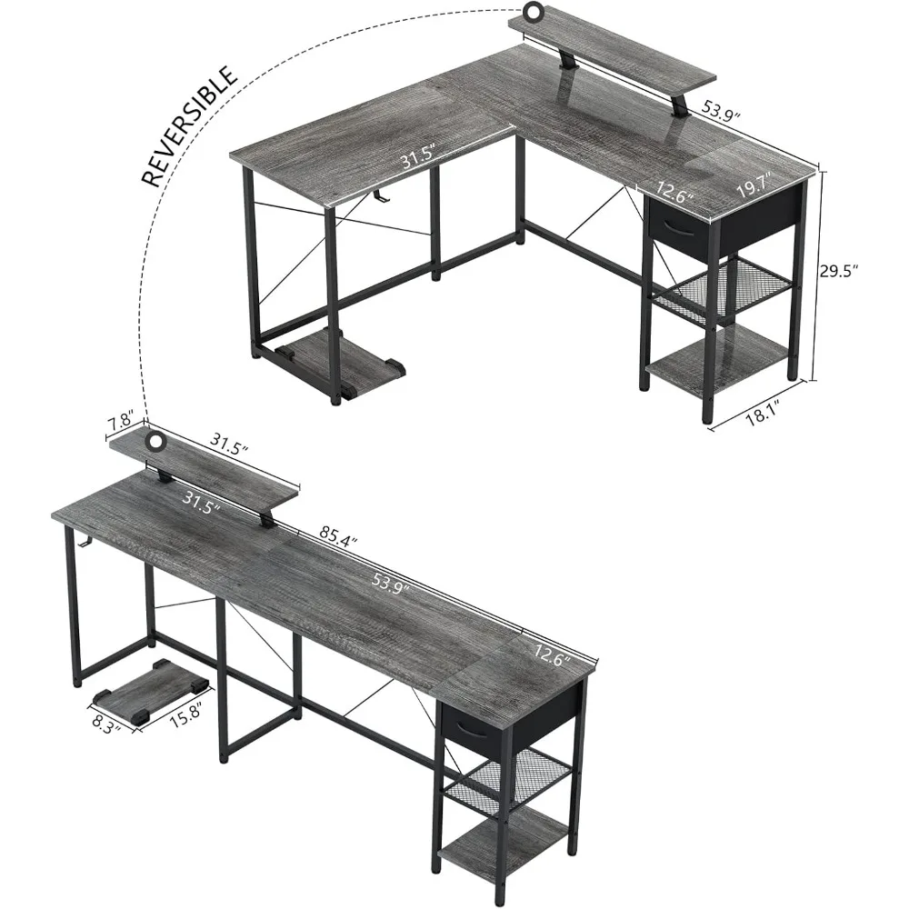 L Shaped Computer Desk with Storage Drawer, Reversible Corner Gaming Desk with Storage Shelves and Monitor Stand, Modern