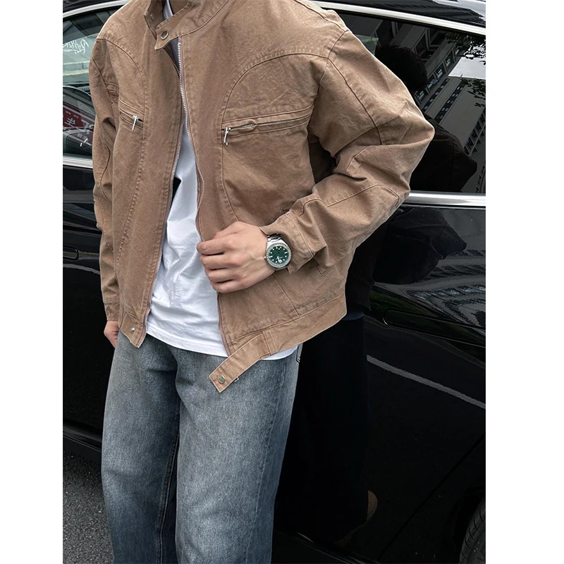 

Мужская джинсовая куртка в винтажном американском стиле с воротником-стойкой, рабочая куртка для осени, молодежная модная свободная куртка на молнии