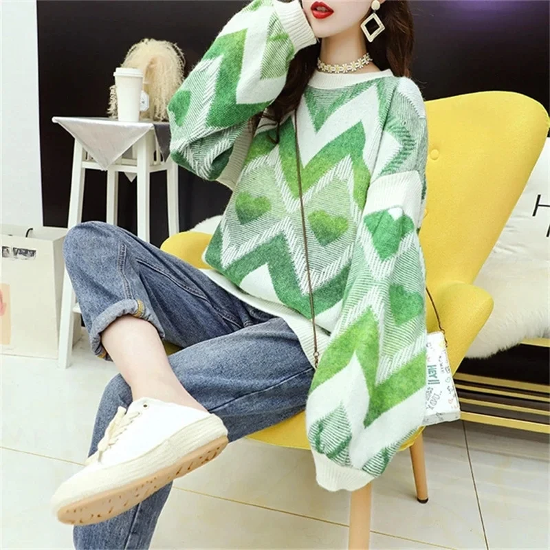 

DAYIFUN-Autumn Winter Sweaters Women,Retro Striped Puff Sleeve,Jumpers,Casual,Loose Lazy Fashion Knitted Warm Pullover Sweater