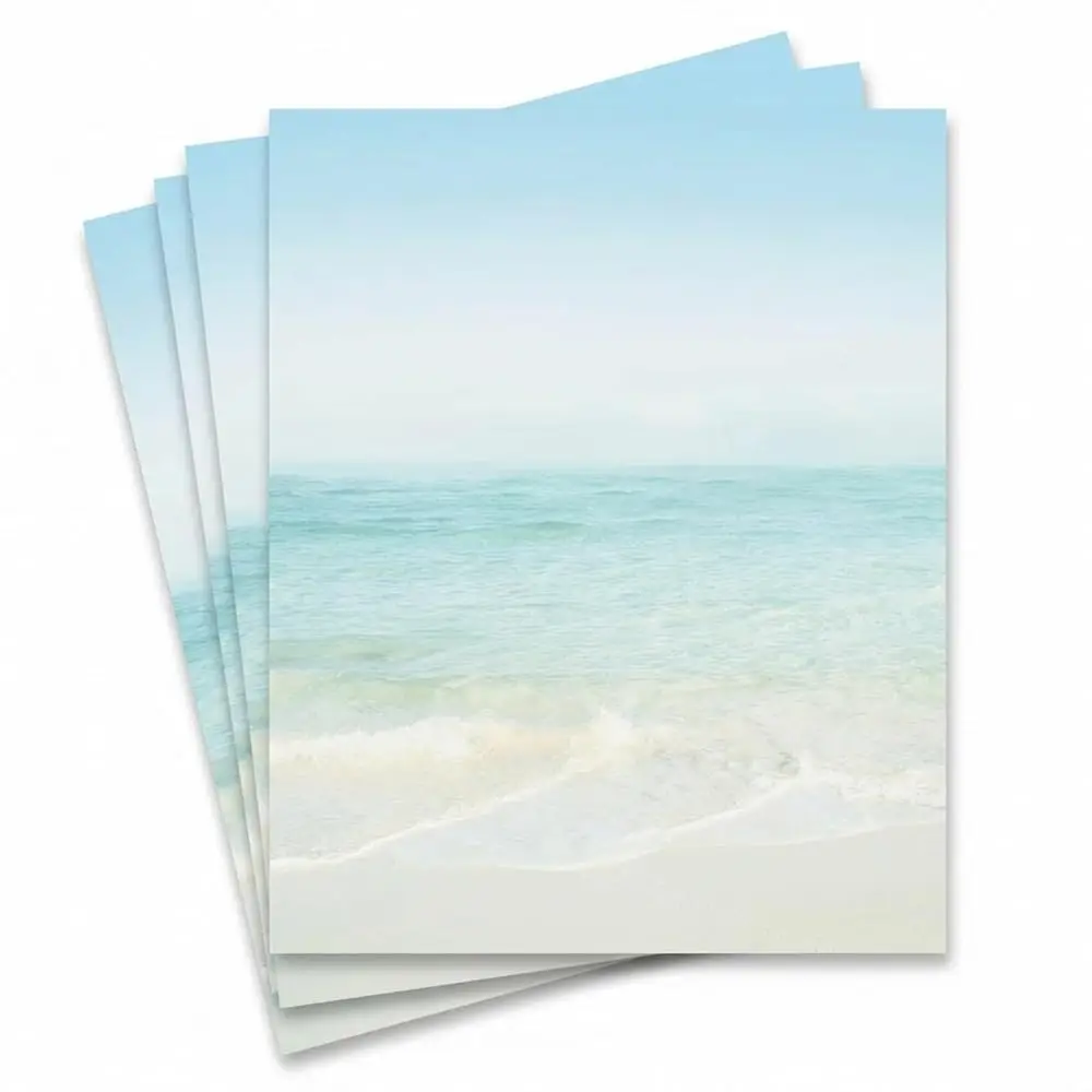 

Romantic Paradise Seashore Border Paper, 8.5x 11 Tropical Stationery with Ocean & Beach Design—Tranquil Theme for Invitation