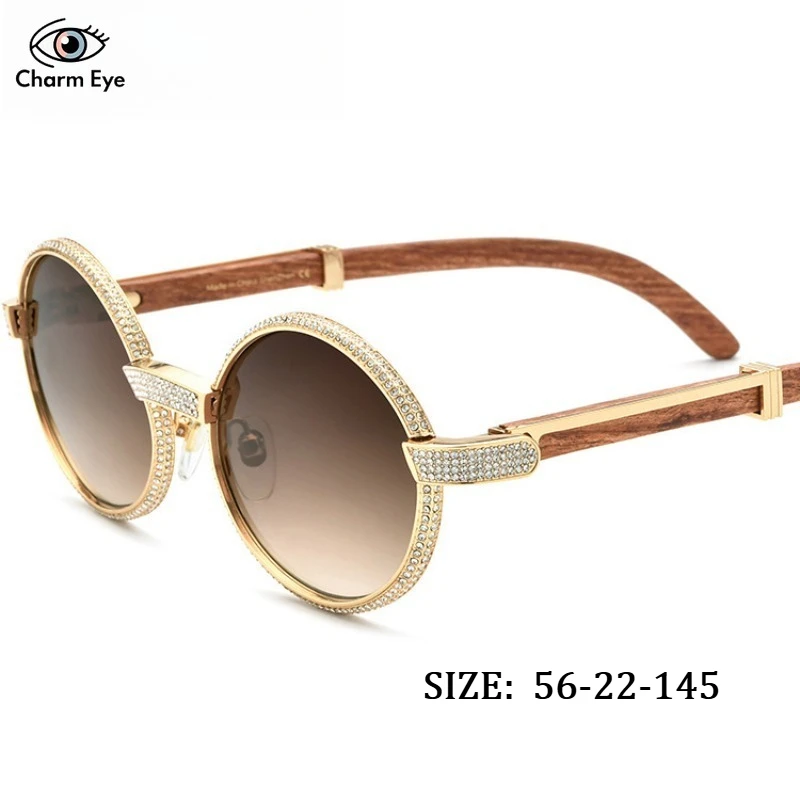 

New High End Women Diamond Redwood Sunglasses Handmade Luxury Round Metal Trendy Fashion Outdoor Travel UV Resistant Sun Glasses