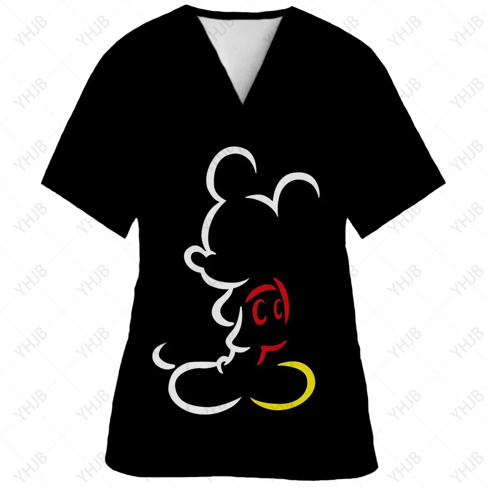 Women Short Sleeve Nurse Uniform Hospital Workers Disney Minnie Mickey Print Graphic T-Shirt V-Neck Tops Kawaii Working Uniform