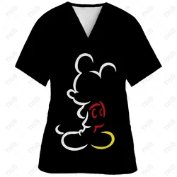 Kobiety z krótkim rękawem strój pielęgniarki pracowników szpitala Disney Minnie nadruk Mickey graficzny t-shirt z dekoltem w szpic ubrania robocze Kawaii