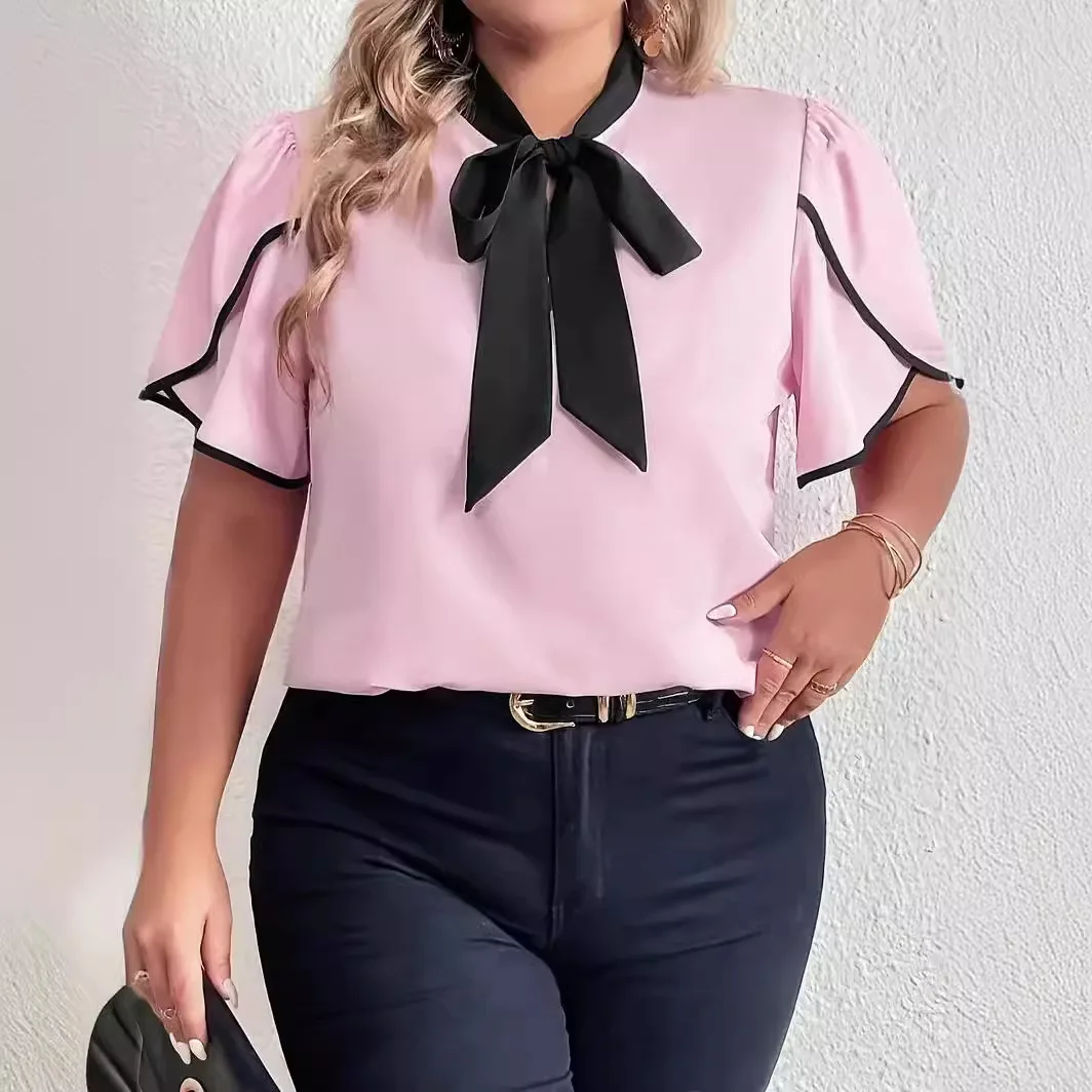 Plus Size Pink Color Block Shirt Oversized Short Sleeve Tie Detail Casual Blouse for Summer Style