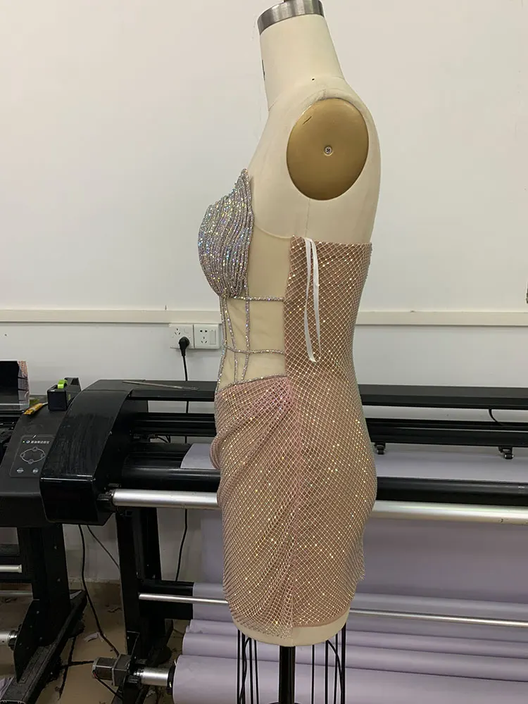 Mini vestido de Incorporação de Diamante das mulheres, sem alças, Bodycon sem mangas, malha xadrez pura, coquetel, festa noturna