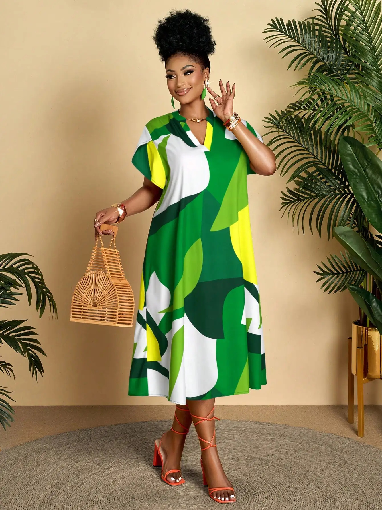 

Plus Size Women Casual Geometric Print V-Neck Loose Mid-Length Dress Summer