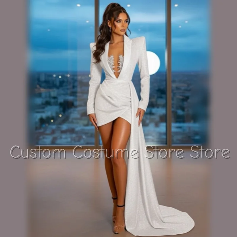 

Элегантные белые короткие платья для выпускного вечера по индивидуальному заказу, блестящие плиссированные вечерние платья знаменитостей со шлейфом