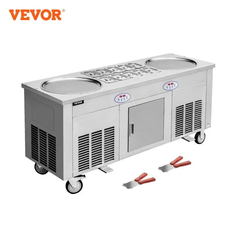 VEVOR 2800W Commercial Fried Ice Cream Roll Machine w/ 10 Buckets Double Pans Stainless Steel Moveable Ice Cream Porridge Maker