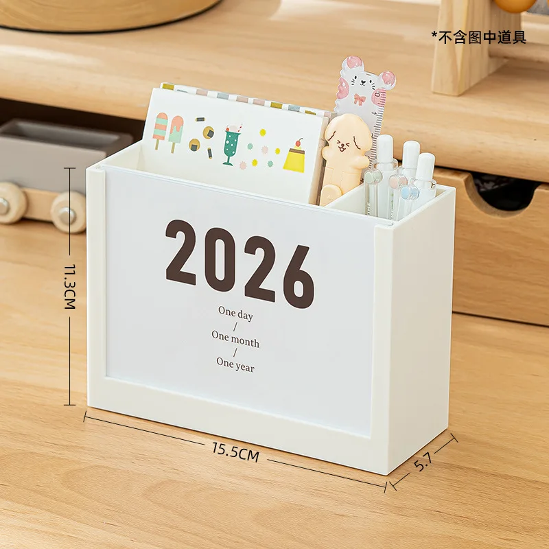 2025 & 2026 Productivity Calendar Stand Multifunctional Desk Organizer with Storage Box Cute Pen Holder & Memo Pad