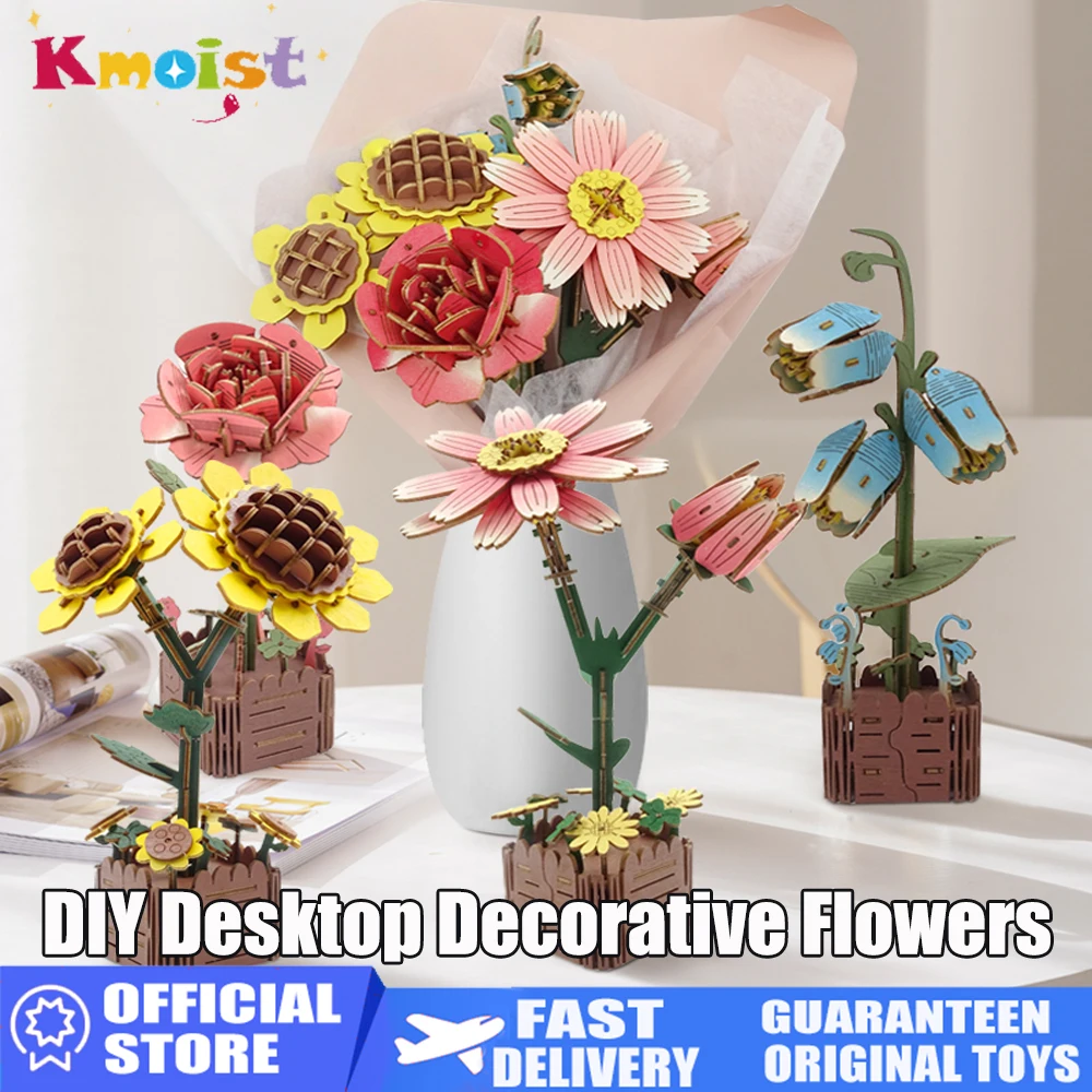 

Diy 3D Building Blocks Wooden Assemble Home Desktop Decoration Flower Craft Kit Puzzle Potted Plants Flowers Model Toys for Kids