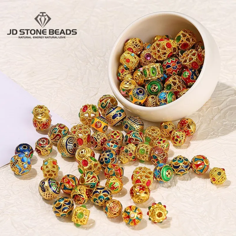 10ชิ้น/ล็อตชุบทองหยดน้ำมัน Cloisonne ทองแดงลูกปัดโลหะผสมวินเทจหลวมลูกปัดสำหรับการทำเครื่องประดับสร้อยข้อมือ DIY อุปกรณ์เสริม