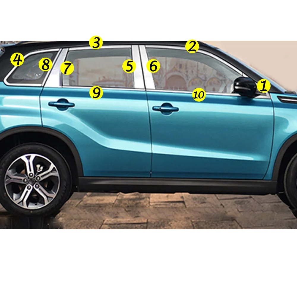 For Suzuki Vitara 2016 2017 2018 2019 2020 Body Stainless Steel Glass Window Garnish Pillar Middle Strip Trim Frame Lamp Hood
