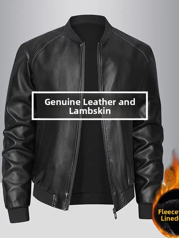 Ning Genuine Leather Jaet Men's Stand Collar Thiened Slim Fit Casual Trendy Motorcycle Clothes Outerwear