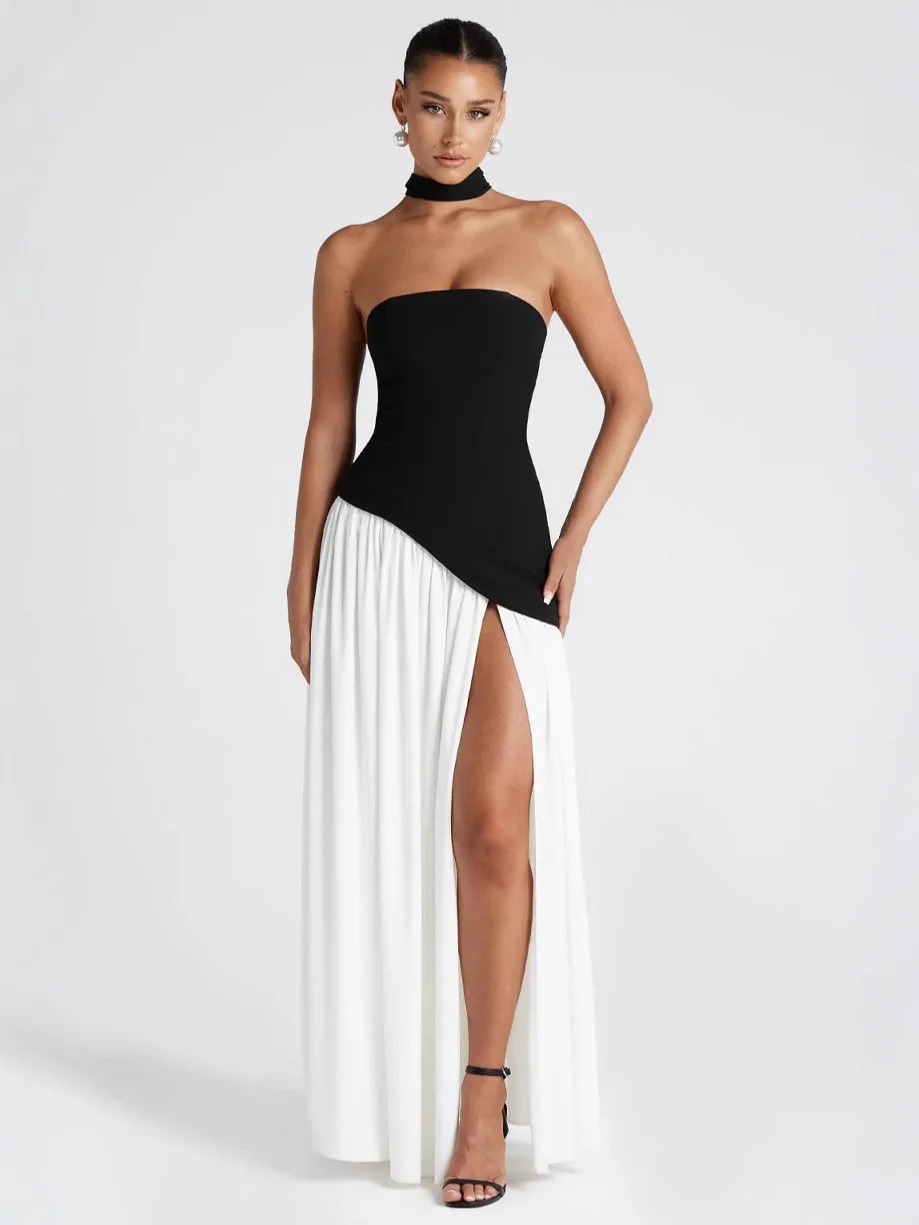 Fashion Contrast Women's V-neck Sling Long Dress For Women Elegant Pleated Backless Sleveless Maxi Dresses Lady Evening Vestidos