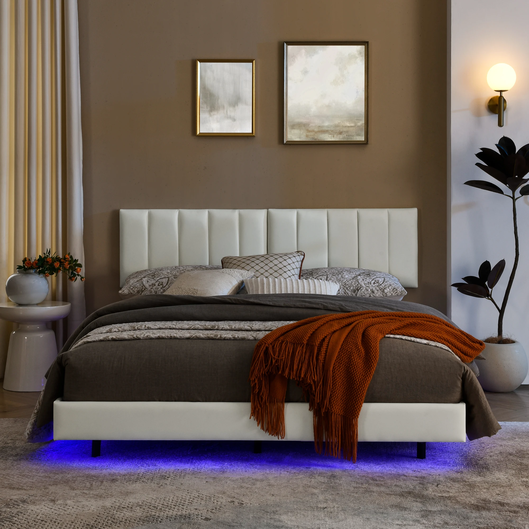 Queen Floating Bed Frame with LED Lights and Wall-Mounted Headboard – Modern Faux Leather Platform Bed, No Box Spring Needed