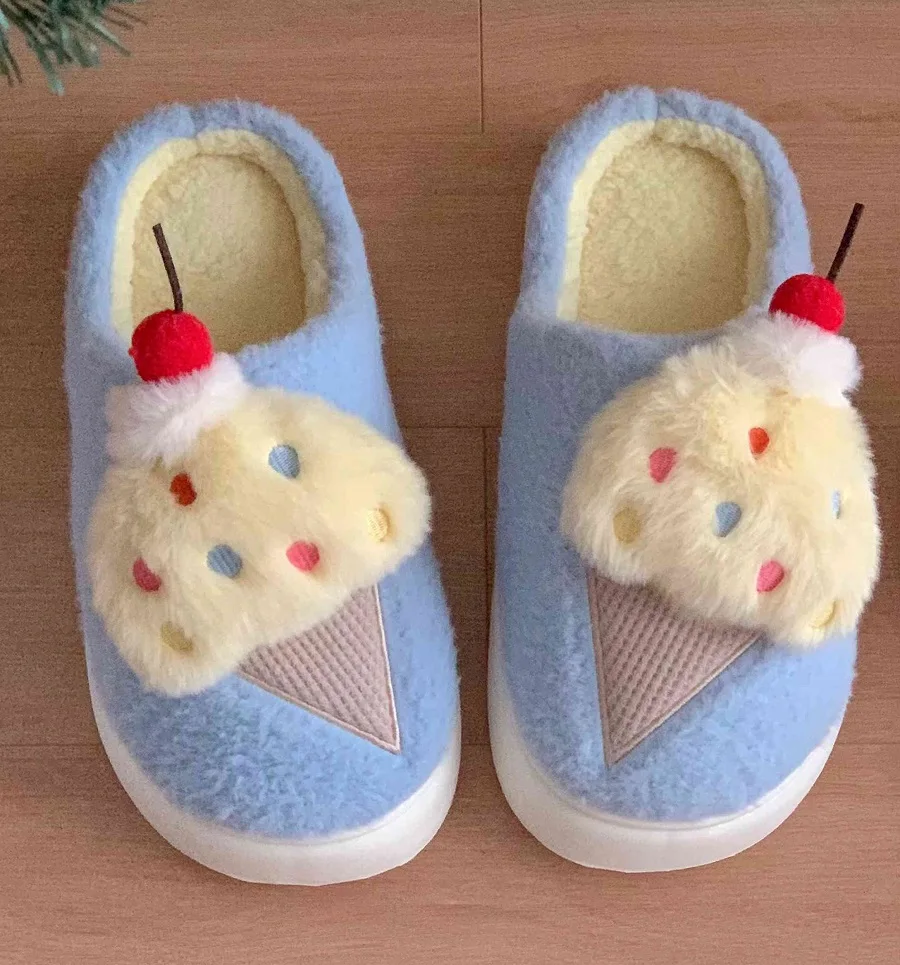 

New unique fun ice cream slippers young girls winter home shoes snug bedroom slipper women's warm furry slides cloud slippers