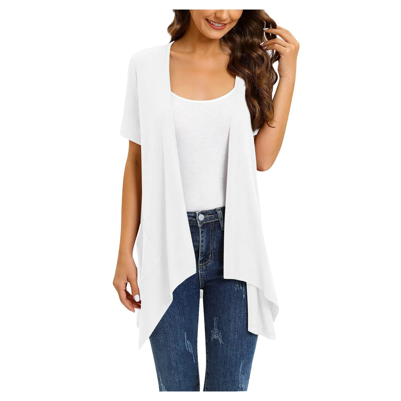 TRAF 2024 Europe and America Women Casual Short  Sleeve Solid Color Irregular Cardigan Top