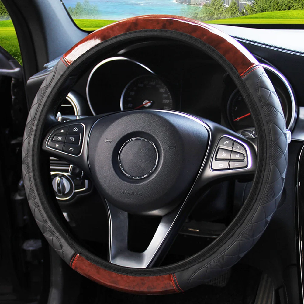 4 Colors Universal PU Leather Steering Covers Wooden Pattern Interior Accessories Car-styling Car Steering Wheel Cover