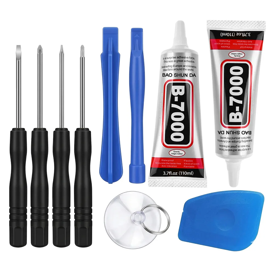 Adhesivo Impermeable de Alta Resistencia B7000 para Pantalla de Teléfono Móvil con Kit de Reparación 9 en 1 con Destornillador y Multifunción para Desarmar