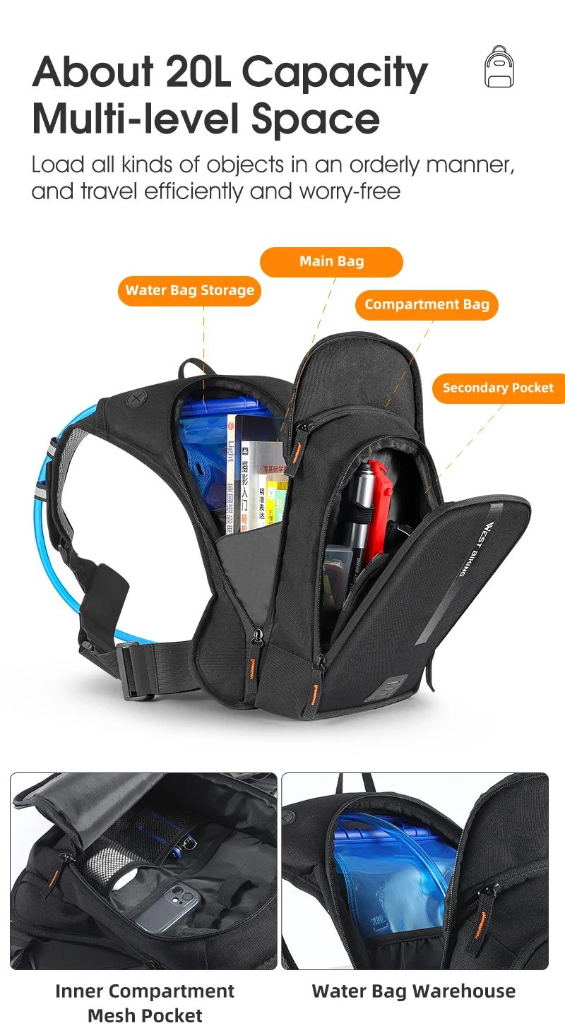 WEST BIKING 20L Fahrrad-Hydrationsrucksack Ergonomischer Kreuzgurt Kletter- und Wanderrucksack für Outdoor-Sport und Reisen mit Reflektoren – Detail 5