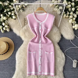 2024 New Summer Women Houndstooth Plaid Bodycon Dress Sleeveless Single Breasted Tank Dress Fashion Office Lady Sundress
