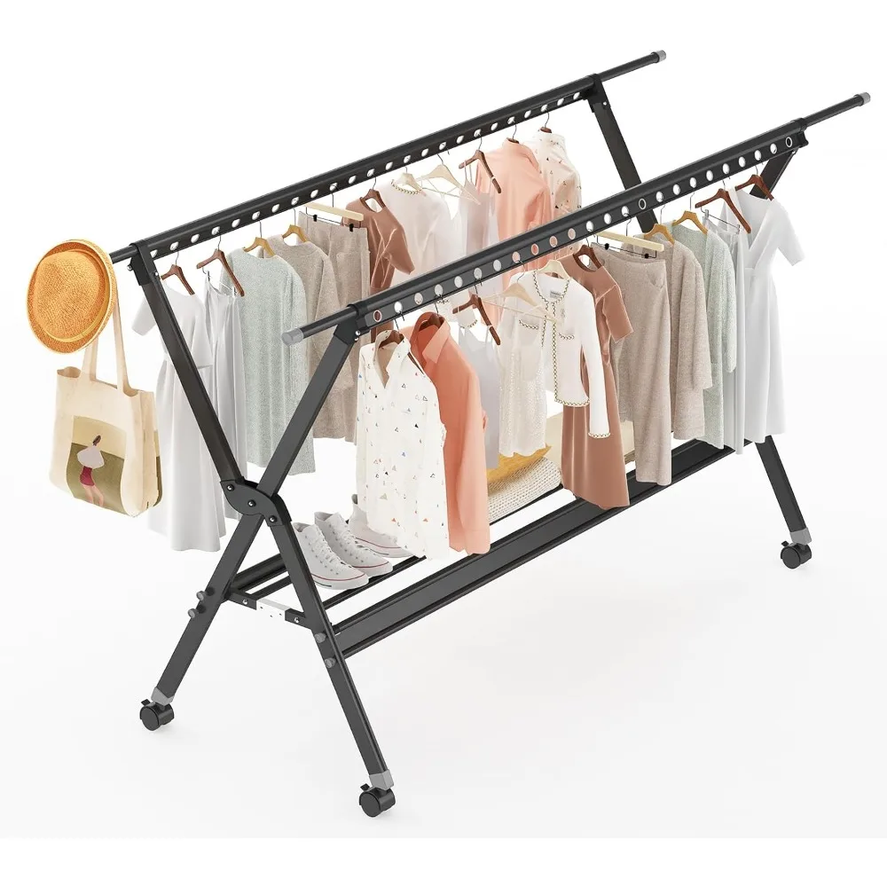 

Clothes Drying Rack with Wheels，Clothing Folding Aluminum Alloy Laundry Drying Racks, Foldable Portable Indoor Outdoor Garment
