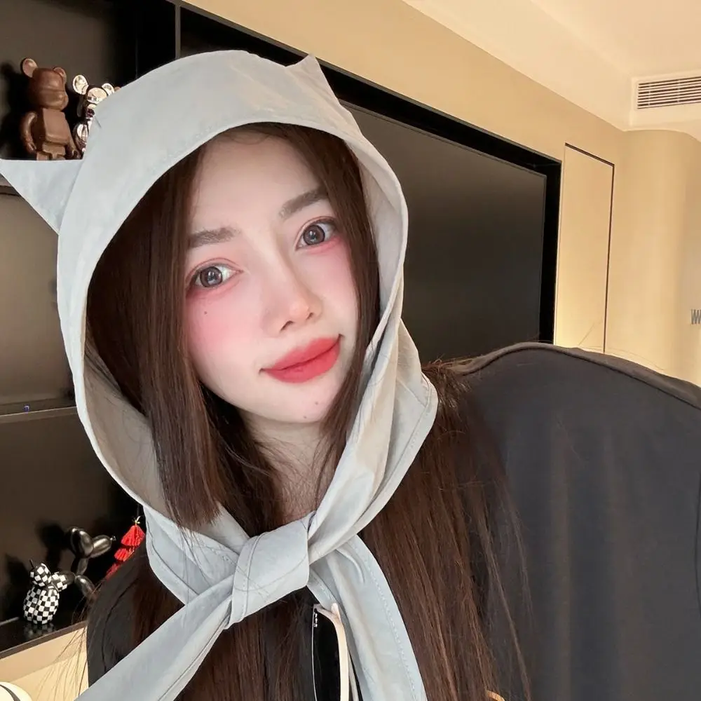Cute Korean Style Little Devil Horn Headscarf Solid Color Sun Cap Strap Hat Sunscreen Hat Quick-drying Beanie Cap Sports