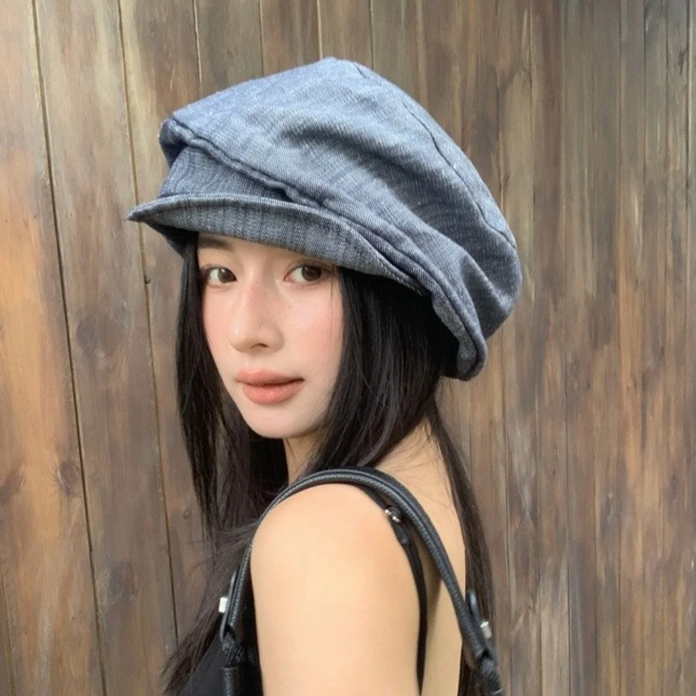 Mode Japanse Denim Baret Doek Wolk Achthoekige Cap Grote Hoofdomtrek Krantenjongen Geplooide Schilder Hoed Meisje