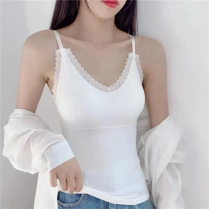 Women Chest Wrap Camisole Summer Lace Tank Top Slim Fit Vest Sleeveless Base V-neck Camisoles Adjustable Strap Chest pad Tops