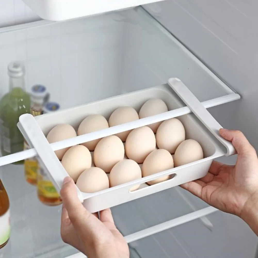 12 Grid Pull-out Fridge Egg Drawer Refrigerator Egg Fruit Storage Box Drawer Type Food Crisper Fridge Organizer Carton