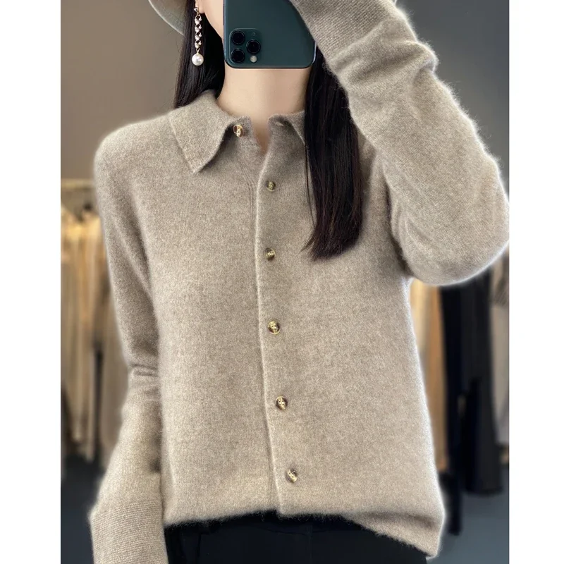 Women\'s Lapel Pure Wool Cardigan Autumn And Winter New Merino Cashmere Sweater Long Sleeve Formal Knitting Top S-XXL