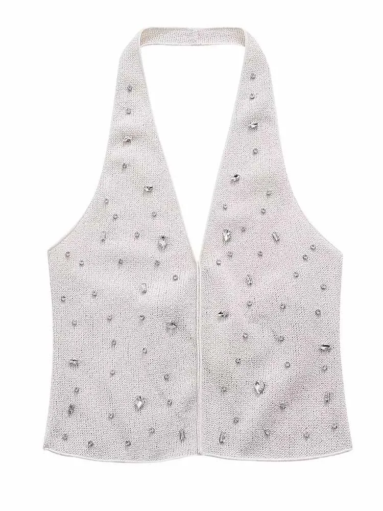 BKQU Dzianinowy Top na Ramiączkach z Cyrkoniami Damski Seksowny Wąski Dekolt w Serek Bez Rękawów Odkryte Plecy Krótki Top Lato 2025 Szykowny Streetwear y2k Camis