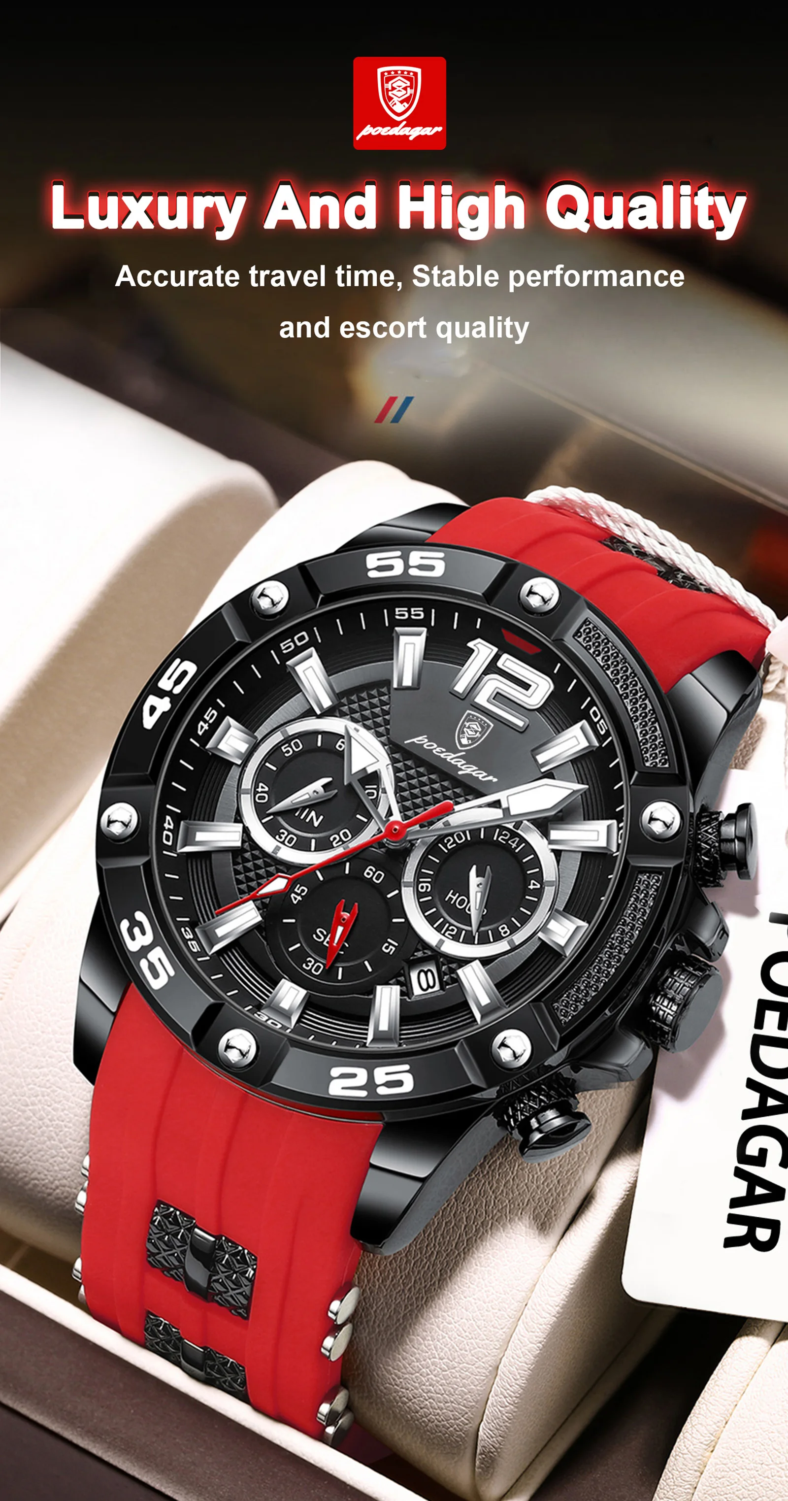 POEDAGAR Original Mode herren Uhren Wasserdicht Leucht Chronograph Datum Sport Mann Armbanduhr Hohe Qualität Quarz Männer Uhr – Detail 13