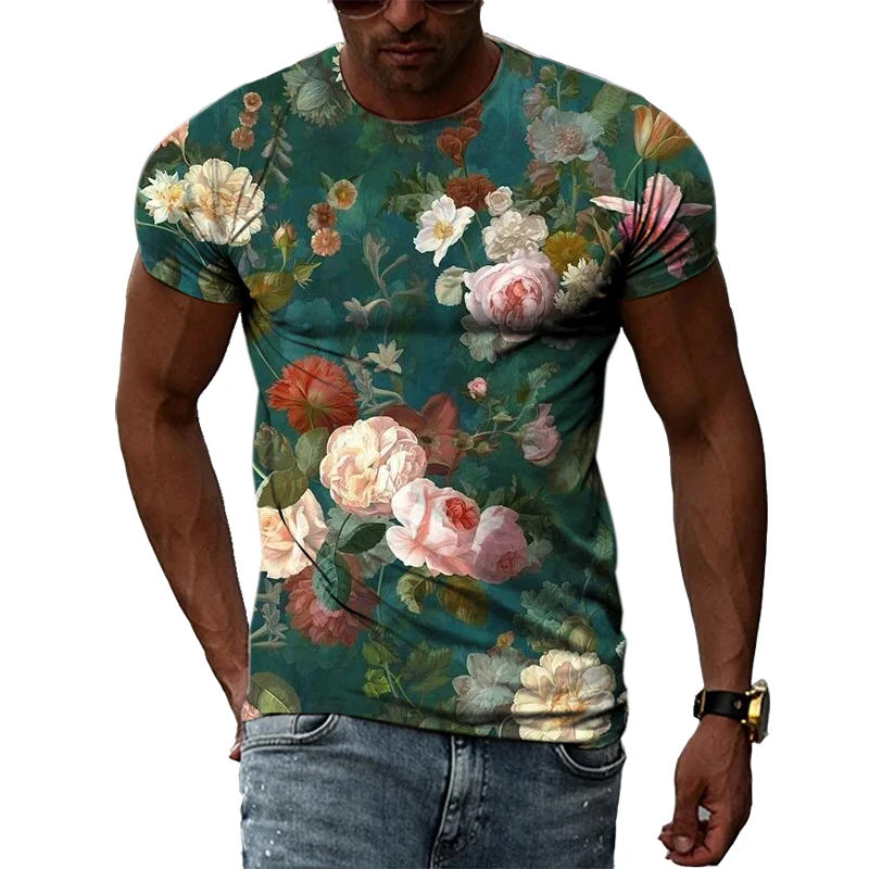 Summer Fashion Personality Flowers graphic t shirts Men Casual 3D Printed Short Sleeve Tees Hip Hop Trend Harajuku O-neck Tops