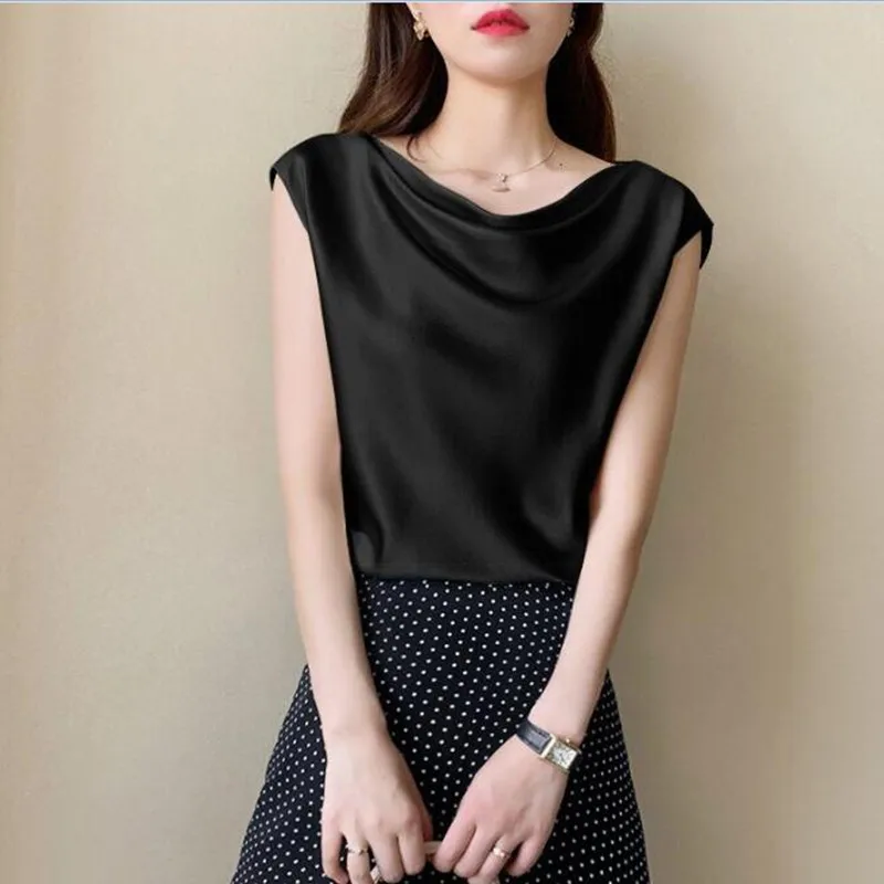 Women's Summer Silk Satin Blouse Sleeveless Elegant White Office Shirt Beautiful Chiffon Swing Collar Top
