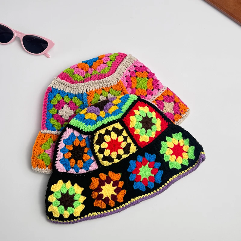 Handmade Crochet Bucket Hat Women Autumn Winter Flower Knit Beanies INS Korean Casual Beanies Panama Cap Fisherman Hat view 3