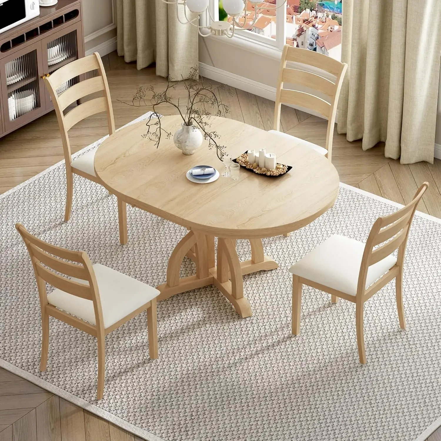 Round Dining Table Set for 4 5-Piece Farmhouse Extendable Dining Table Set with Removable Leaf and Ladder Back Dining Chairs