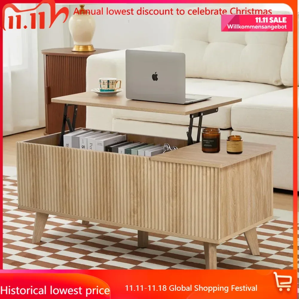 Wooden Fluted Lift Top Coffee Table with Hidden Compartment, Modern Rectangle Center Tables with Adjustable Storage Shelf, Lift