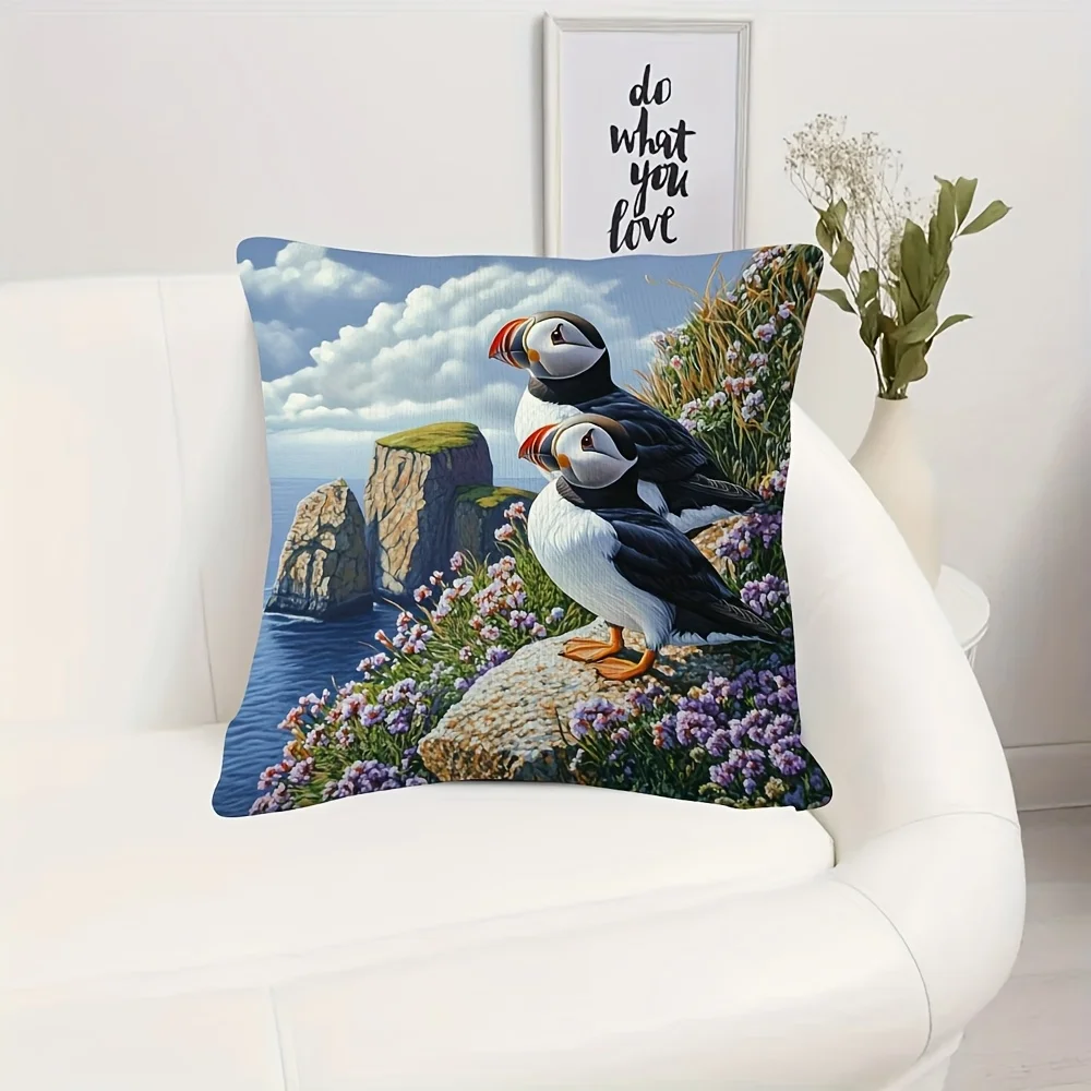 1pc Coastal Puffin Birds Double‑Sided Print Pillow Cover, Cushion Case for Sofa Bedroom, Insert Not Included, Home Decor