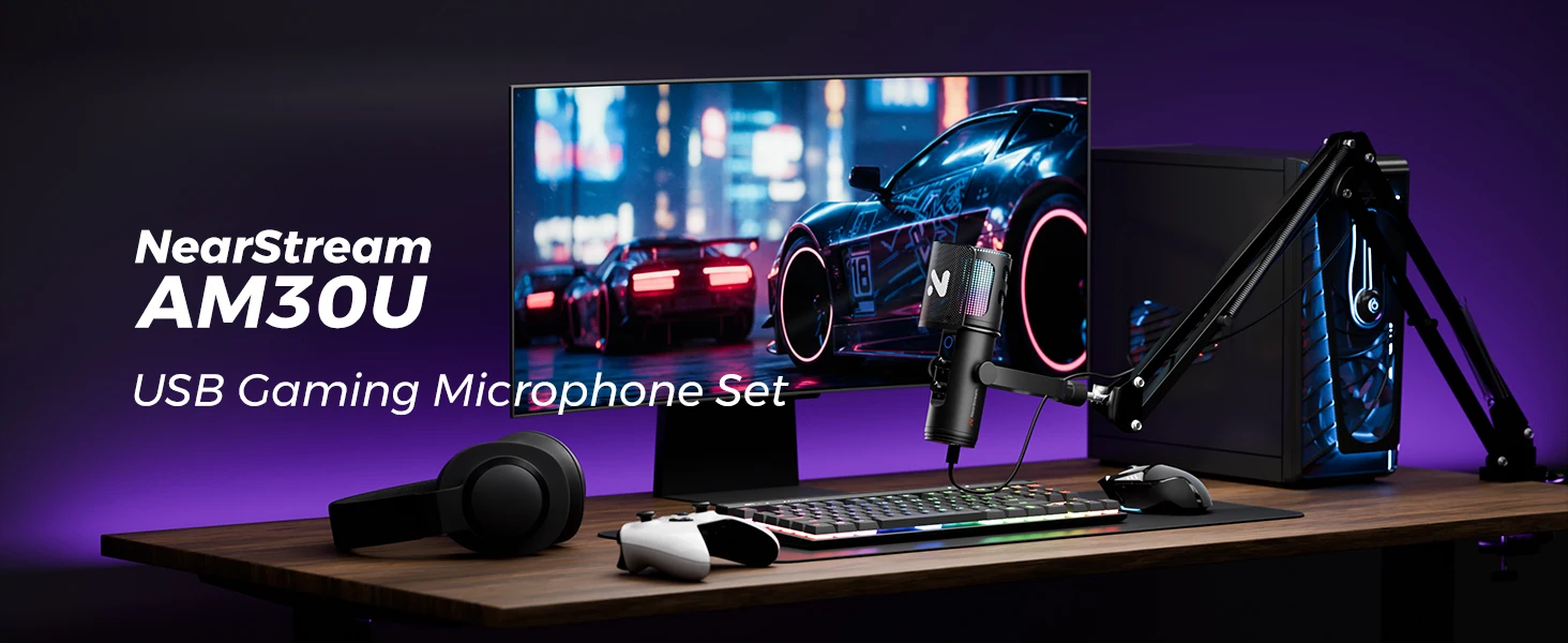NearStream USB/XLR-Kondensator-Mikro-Gaming-Mikrofon mit 8 RGB-Modi, Beleuchtung, Auslegerarm für Streaming auf PC/PS5, Gamer-Mikrofon – Detail 1