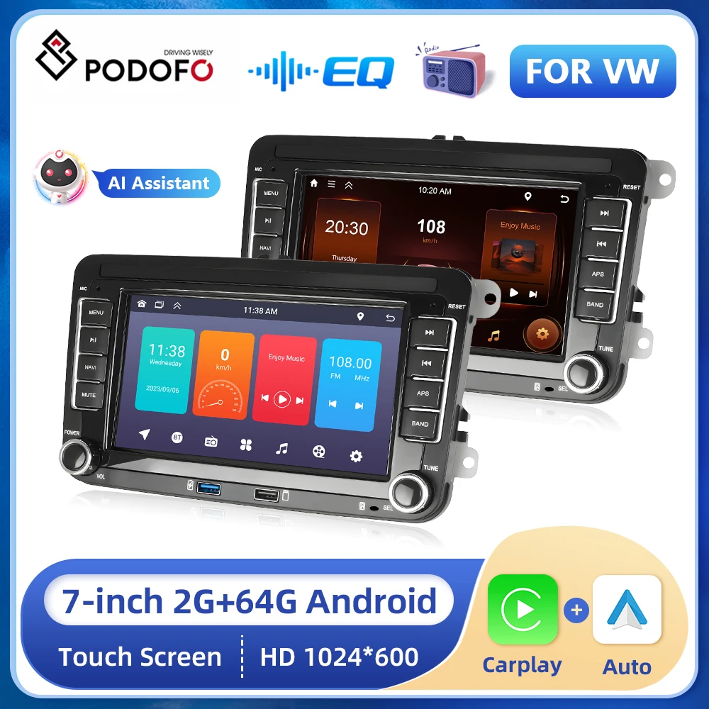 Podofo 7” Android Car Player Autoradio For VW PASSAT 2din Car Stereo Radio Bluetooth GPS FM Wireless Carplay Android auto