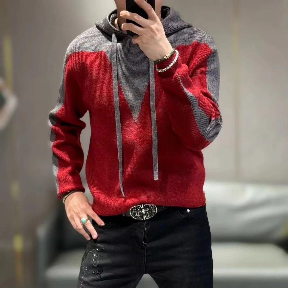 

Новая осенняя мужская вязаная толстовка-худи с цветными блоками, модная, удобная, из хлопка, свободного кроя