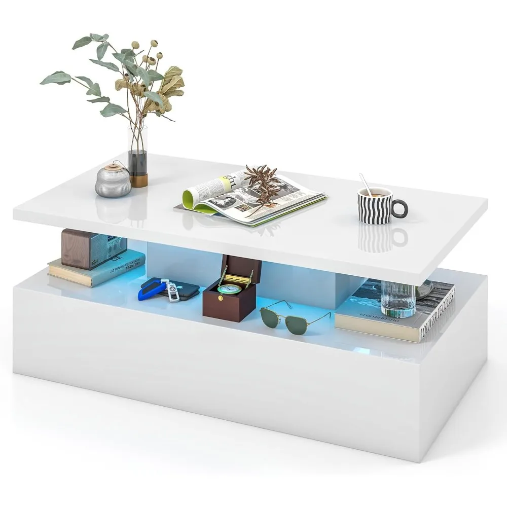 

LED Coffee Table, Modern High Gloss Coffee Table w/ 20-Color LED Lights, Adjustable Speed & Brightness, Remote Control, Open Sh