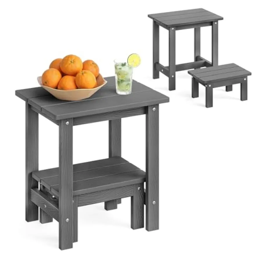 Mesa Auxiliar para Exteriores de 2 Niveles, HDPS, con Patas Pequeñas Extraíbles, para Patio, Terraza, Piscina, Bajo Mantenimiento