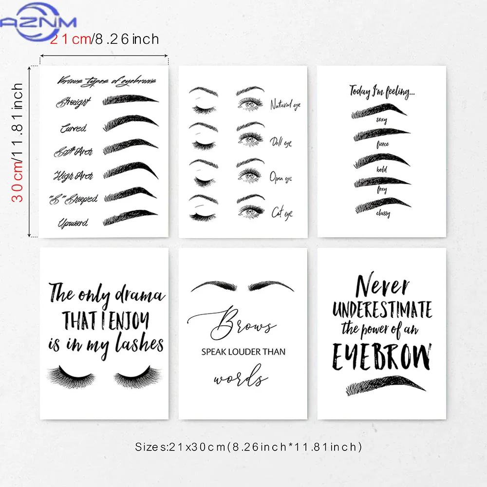 Set of 6 Eyebrow and Eyelash Canvas Wall Art Prints Beauty Salon Makeup Quote Posters Minimalist Black White Canvas for Bedroom