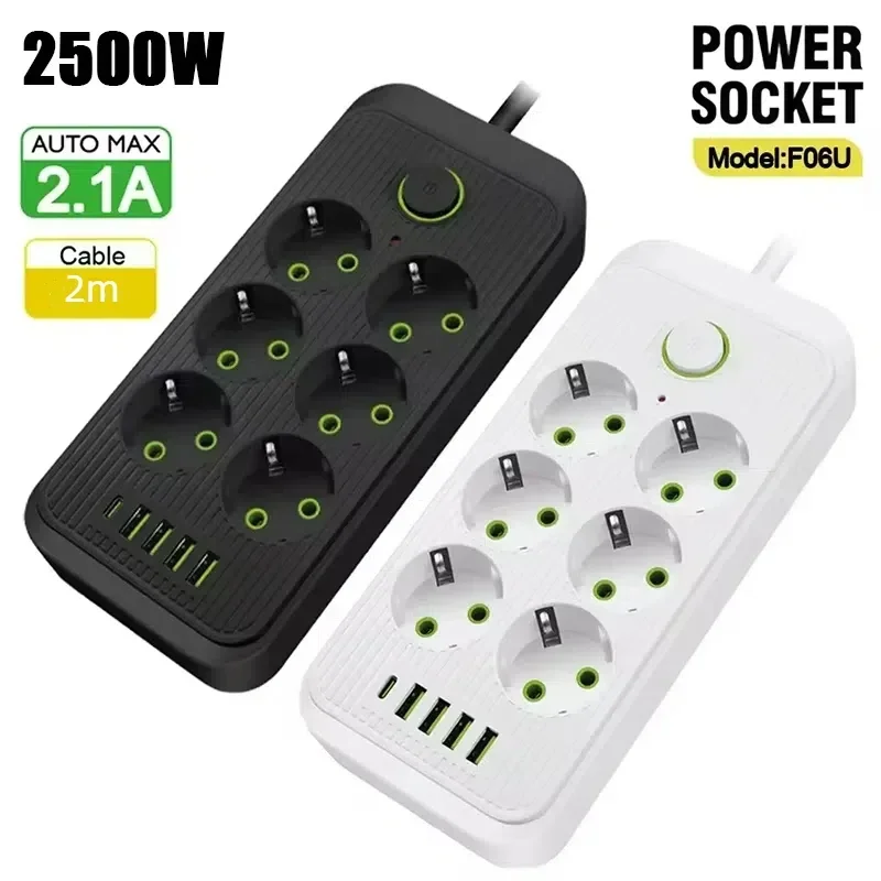 F06 EU Plug AC Outlet Smart Power Strip Multiprise Extension Cord Electrical Socket Network Filter With 4 USB 1 Type-C