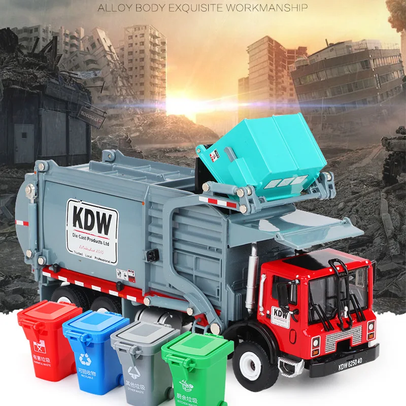 Alloy Diecast Barreled Garbage Carrier 1:24 Waste Material Transporter Vehicle Metal Model Hobby Toys For Kids Christmas Gifts