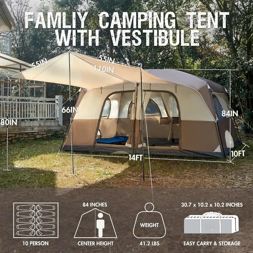 10 Person Camping Tent, 2 Doors, 2 Ground Vents, 6 Large Mesh Windows, Divided Curtain, Water Resistant, Camping Tent