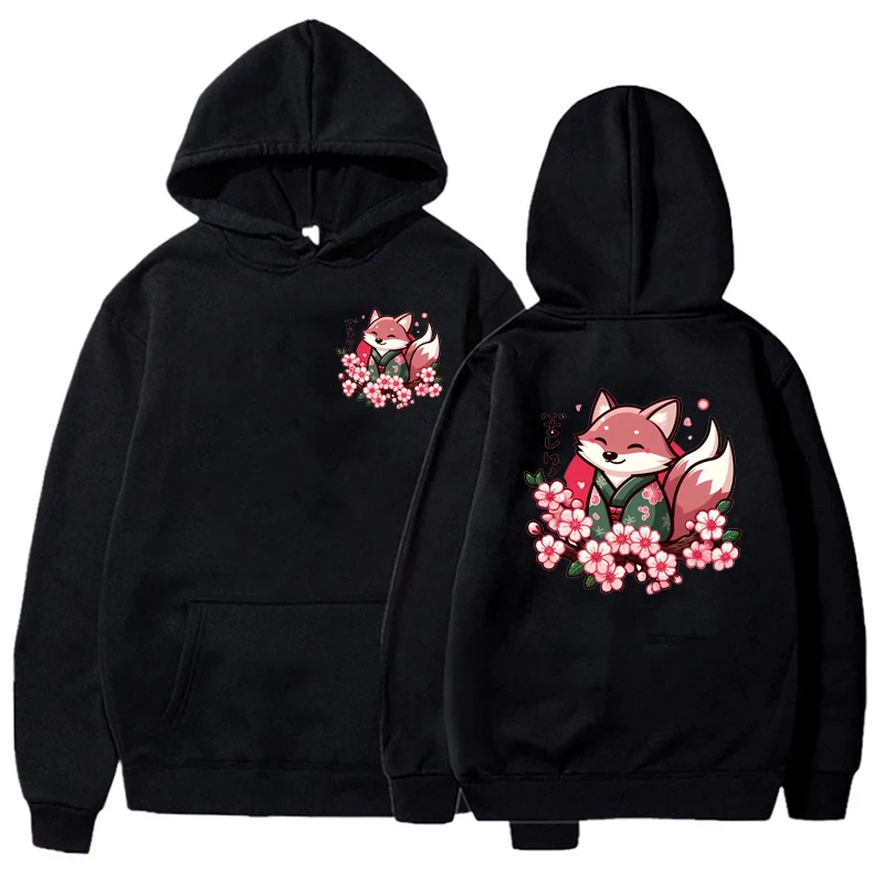 Woman Hoodie Sweatshirts Graphic Clothes Japanese Fox Cherry Blossom Flower Sakura Anime Aesthetic Pullover Sportwear Clothes